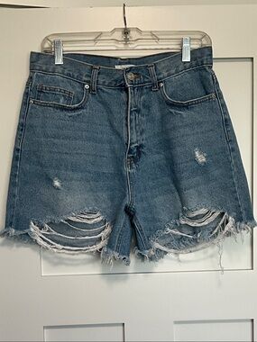 High-Rise Distressed Denim Shorts - Blue
